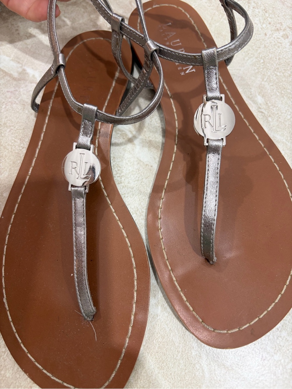 Ralph Lauren Metallic Silver T-Strap Sandals with RL Medallion